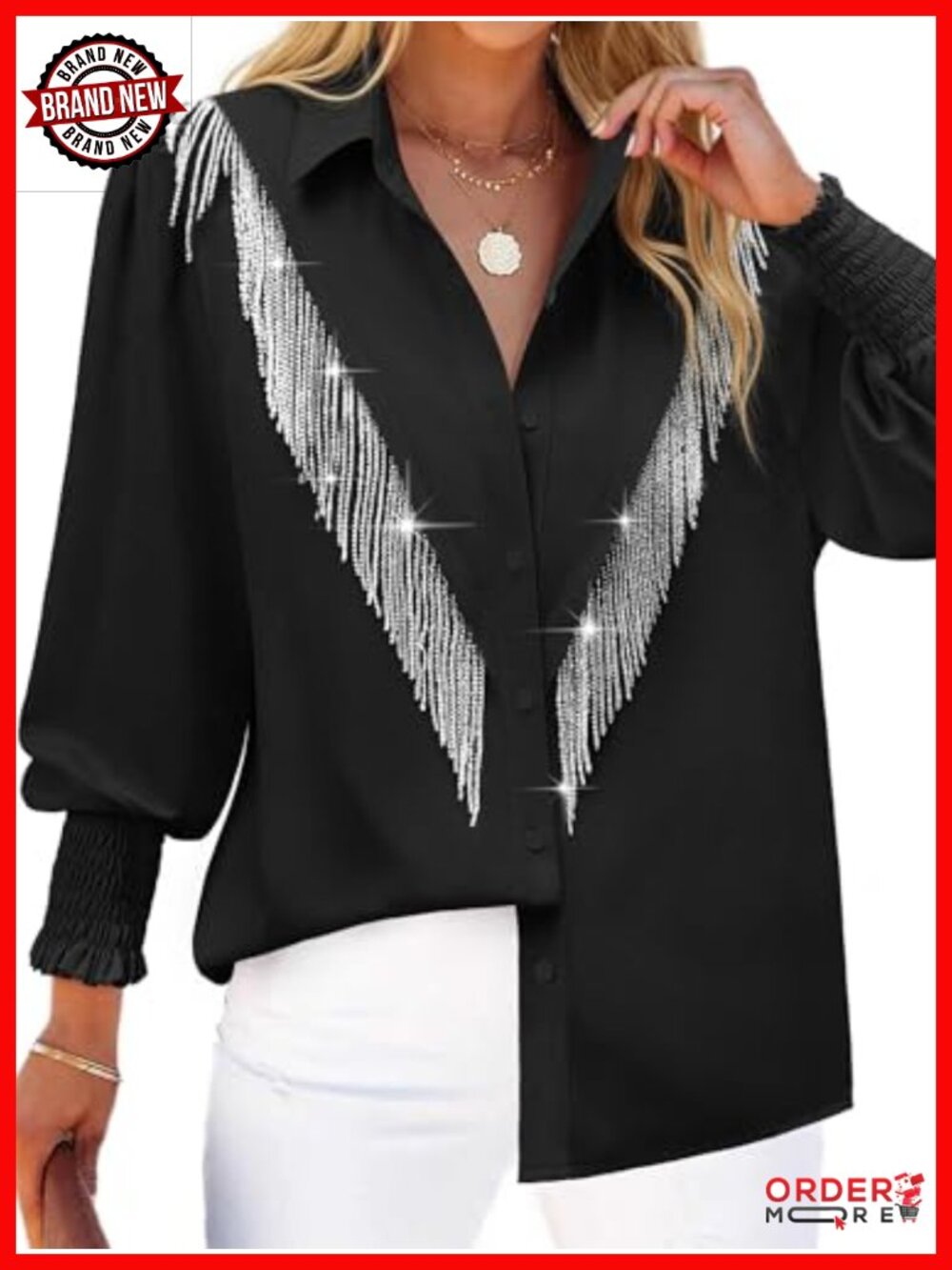 Sparkly Fringe Smocked Cuffed Western Cowgirl Button Down Shirt Long Sleeve